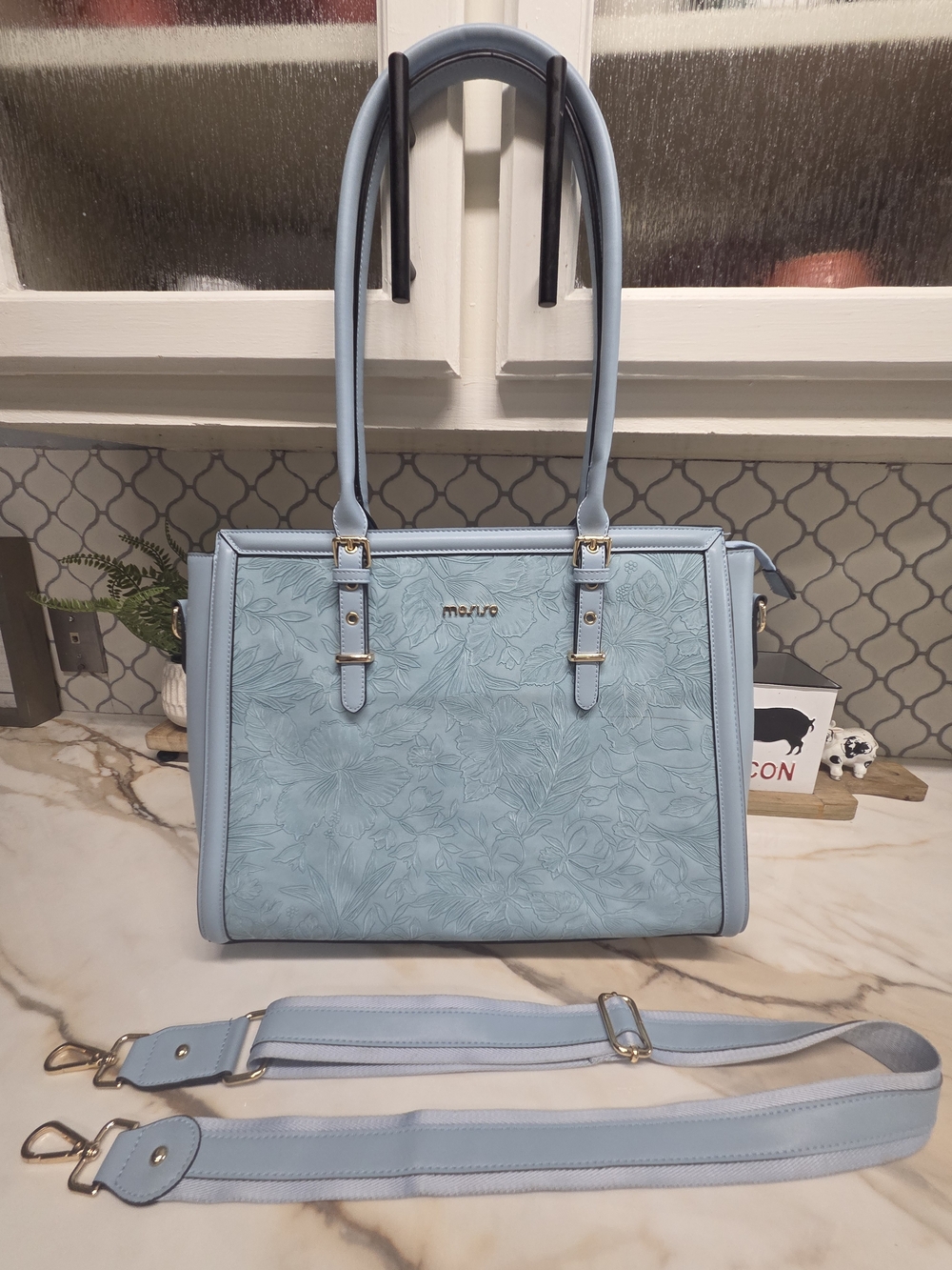 NWOT Mosiso Light Blue Floral-Embossed Women's Laptop Tote/crossbody Bag